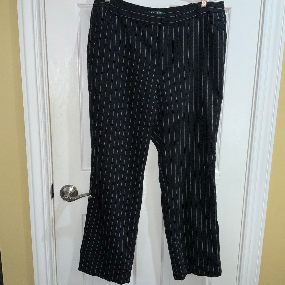 Lauren Ralph Lauren wool black cream pinstripe pants Sz 16W front zip lined